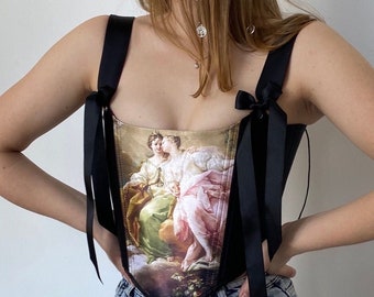 Corsetto bilaterale con immagini, corsetto con stampa, top corsetto vintage,corsetto moderno urbano su misura,corsetto in raso,corsetto personalizzato,corsetto Boho