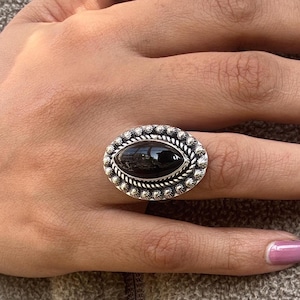 Oxidized Sterling Silver Black Onyx Ring: Boho Floral Design