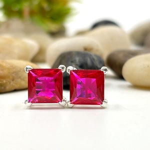 Pendientes de rubí: piedra preciosa rosa cuadrada de 6 mm, plata de ley