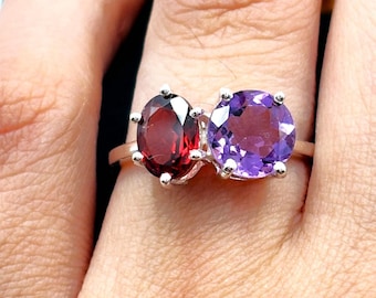Garnet & Amethyst Toi et Moi Ring: Sterling Silver Engagement Ring