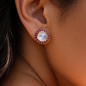 Dainty Moonstone Sterling Silver Studs – Pink CZ Border