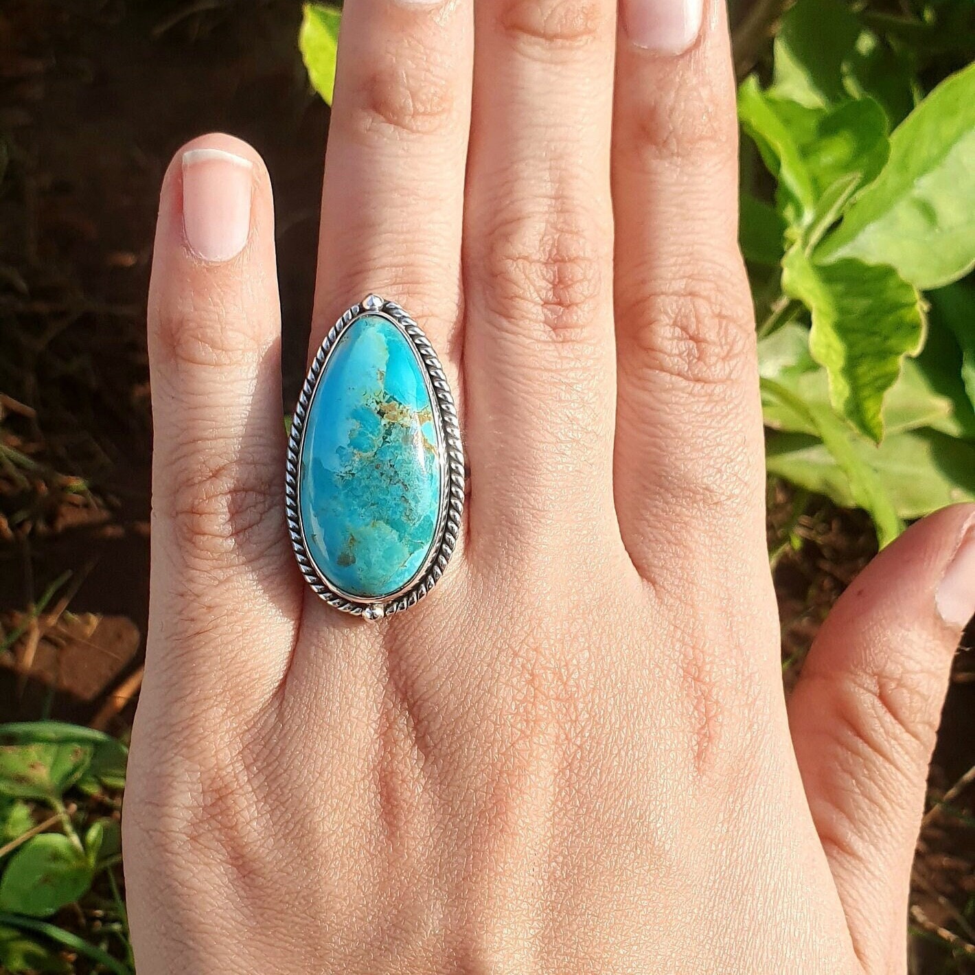 Native American Turquoise Ring: Pear-Shaped Sterling Silver Statement Jewelry