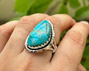 Unique Vintage Navajo Blue Gem Turquoise Sterling Silver Native American Ring Unique Vintage Navajo Blue Gem Turquoise Sterling Silver Native American Ring