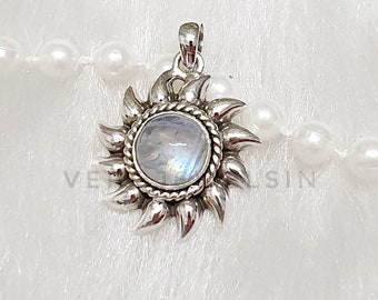 Pendentif En Argent 925 Et Pierre De Lune Arc-en-ciel - Forme Soleil 28 Mm - Fait Main En France - Neuf