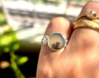 Dainty Dendritic Agate Ring: Handmade Sterling Silver Scenic Ring
