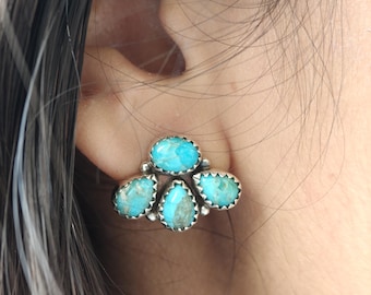 Floral Turquoise Sterling Silver Studs – Handmade Western Earrings