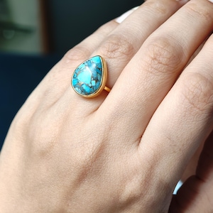 Turquoise Statement Ring, 14k Gold, 925 Sterling Silver- Copper Turquoise Ring, Gift for Her, Handmade Bohemian Ring- Teardrop Turquoise