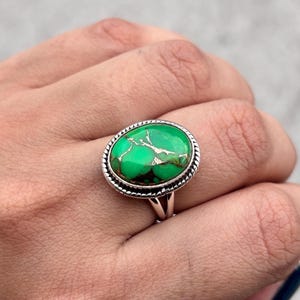 Green Copper Turquoise Ring: Boho 925 Sterling Silver Statement Ring