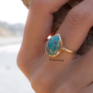 Turquoise Statement Ring, 14k Gold, 925 Sterling Silver- Copper Turquoise Ring, Gift for Her, Handmade Bohemian Ring- Teardrop Turquoise
