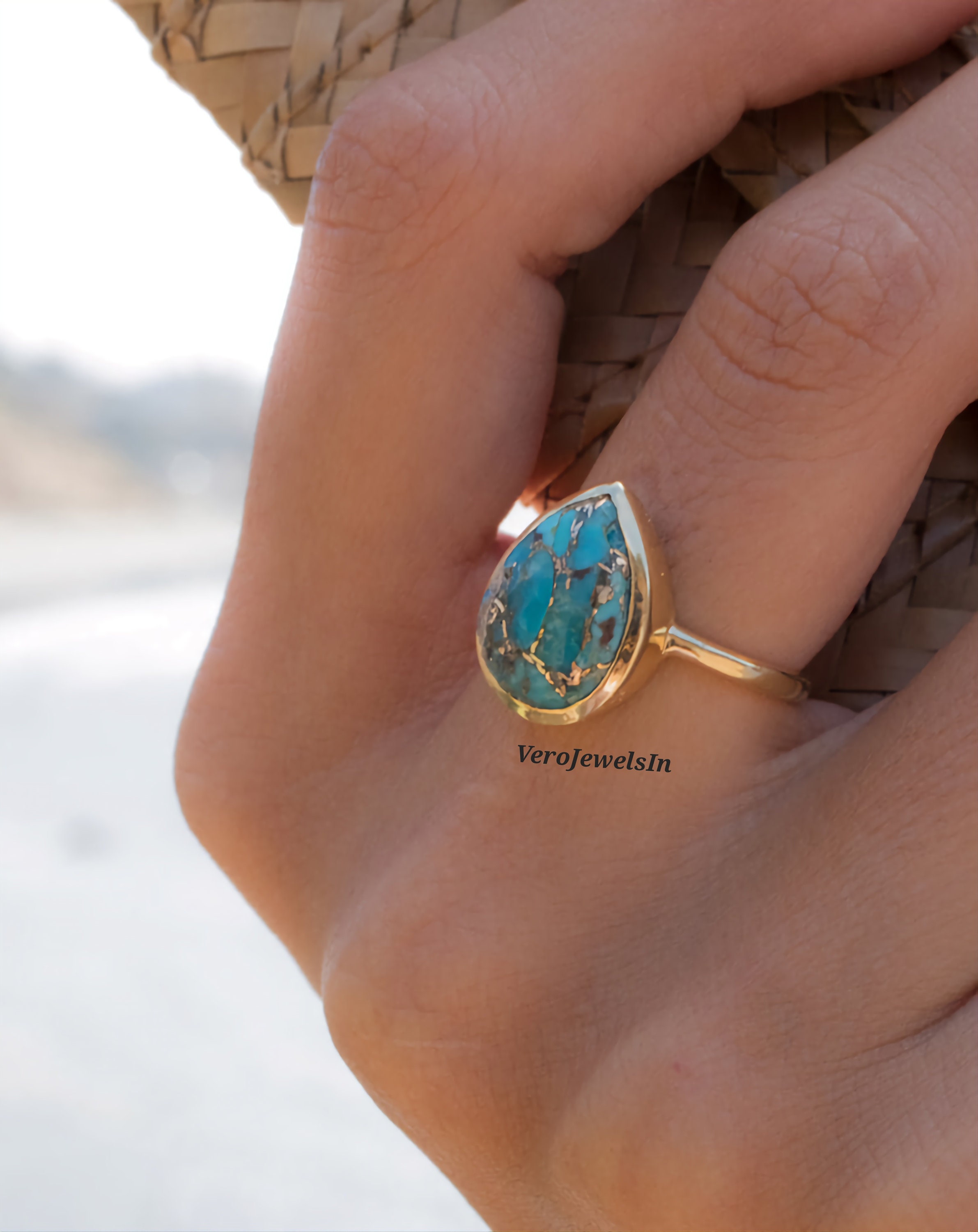 Teardrop Copper Turquoise Statement Ring: 14k Gold & Sterling Silver
