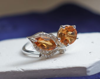 Sterlingzilveren ring met citrienblad en Amerikaanse diamanten