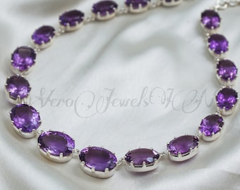 Handmade Amethyst Riviere Necklace: Sterling Silver Gold Vermeil