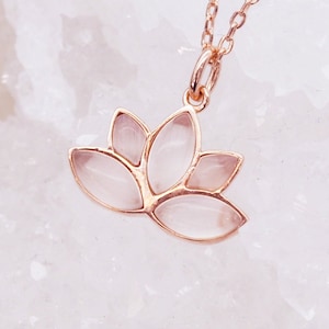 Rose Quartz Necklaces - 14k Rose Gold Lotus Necklaces - Artisans Jewelry - Pink Statement Necklace - Birthstone Necklace - Anniversary Gift
