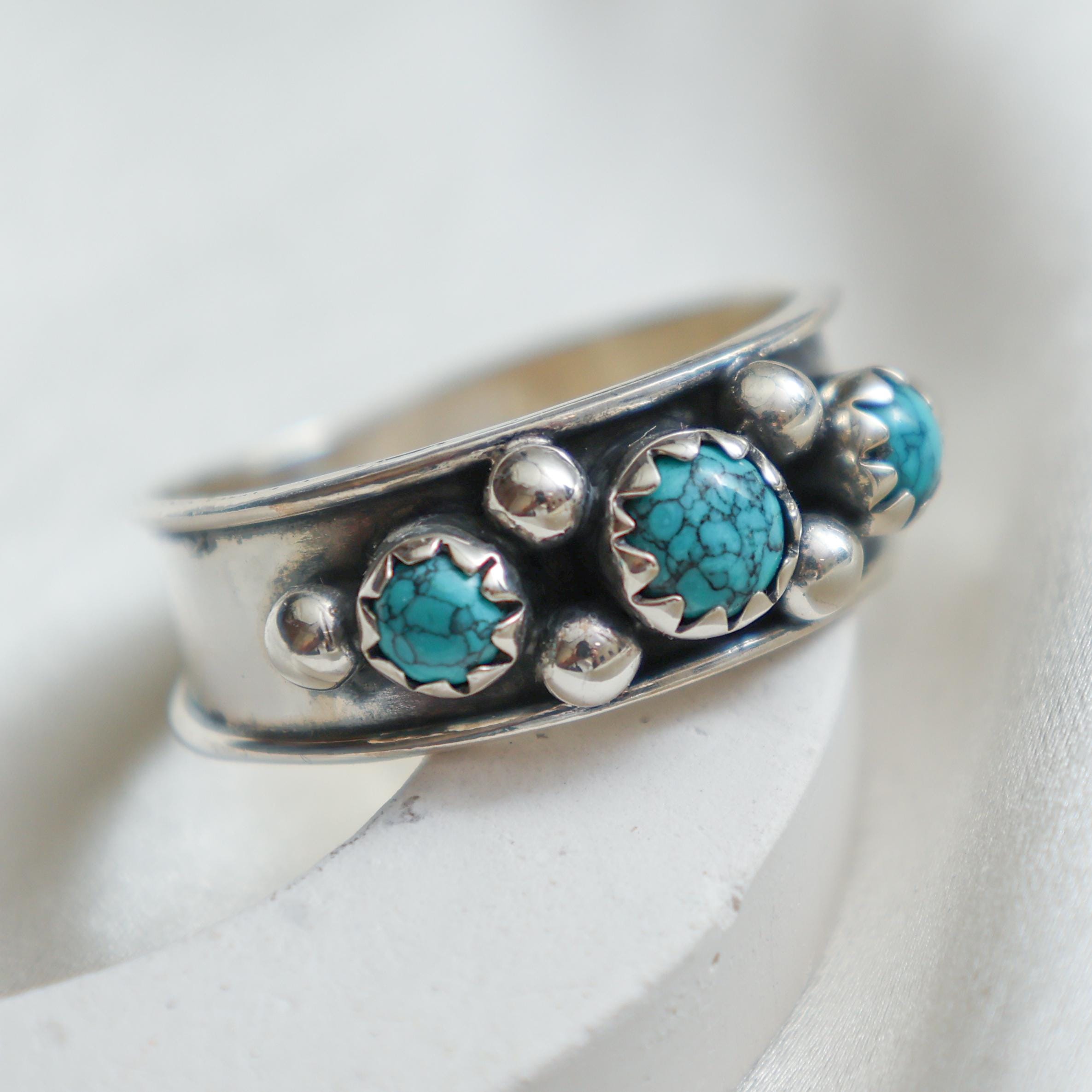 Anillo Plata Ley 925 Con Turquesa Auténtica - Diseño Nativo Americano, Banda Ancha | Regalo Para Mujer