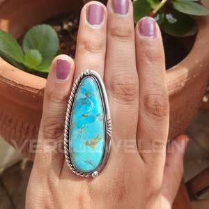 Native American Turquoise Boho Ring - Gift for Her - 925 Sterling Silver Rings - Navajo Statement Ring - Handmade Bohemian Turquoise Rings