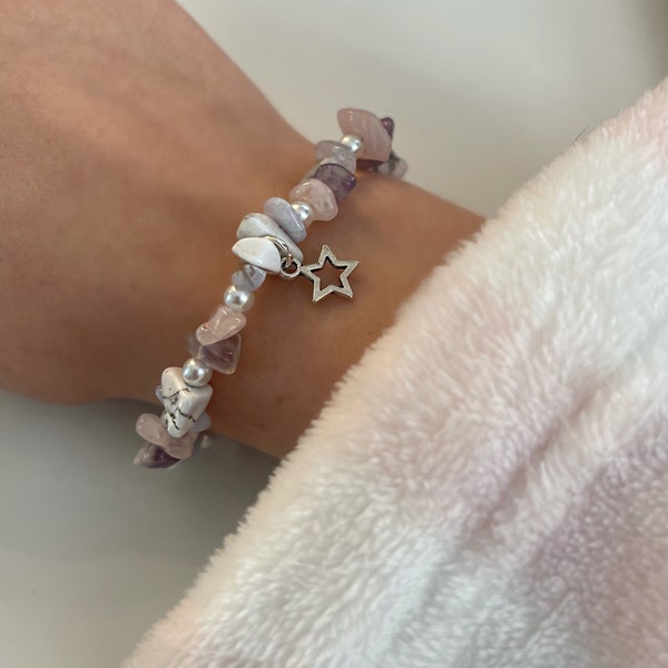 Anxiety healing Crystal chip bracelet- amethyst, rose quartz, blue lace agate, howlite