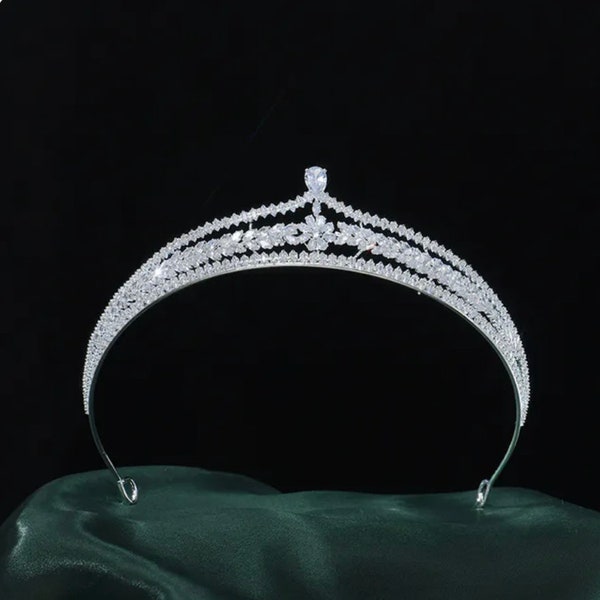 CZ ZIRCON TIARA | Bridal crown | Wedding tiara | Silver white tiara | Bridal silver crown | Unique Tiara | Silver Prom crown | Wedding