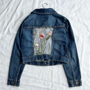 Upcycled Women&#39;s Small Denim Jean Jacket With Floral Mesh Back Panel