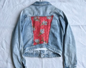 Upcycled Girls Denim Jean Jacket with Mesh Back Panel Size 11-12