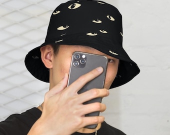 Eyes in the Void Reversible Bucket Hat | Retro Horror Sci-Fi, Goth, Evil Eye, Occult Geometric Vintage