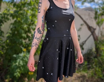 Pixel Stars Skater Dress | Sleeveless Retro Galaxy Starfield Universe Occult Astrology Vintage Astronomy