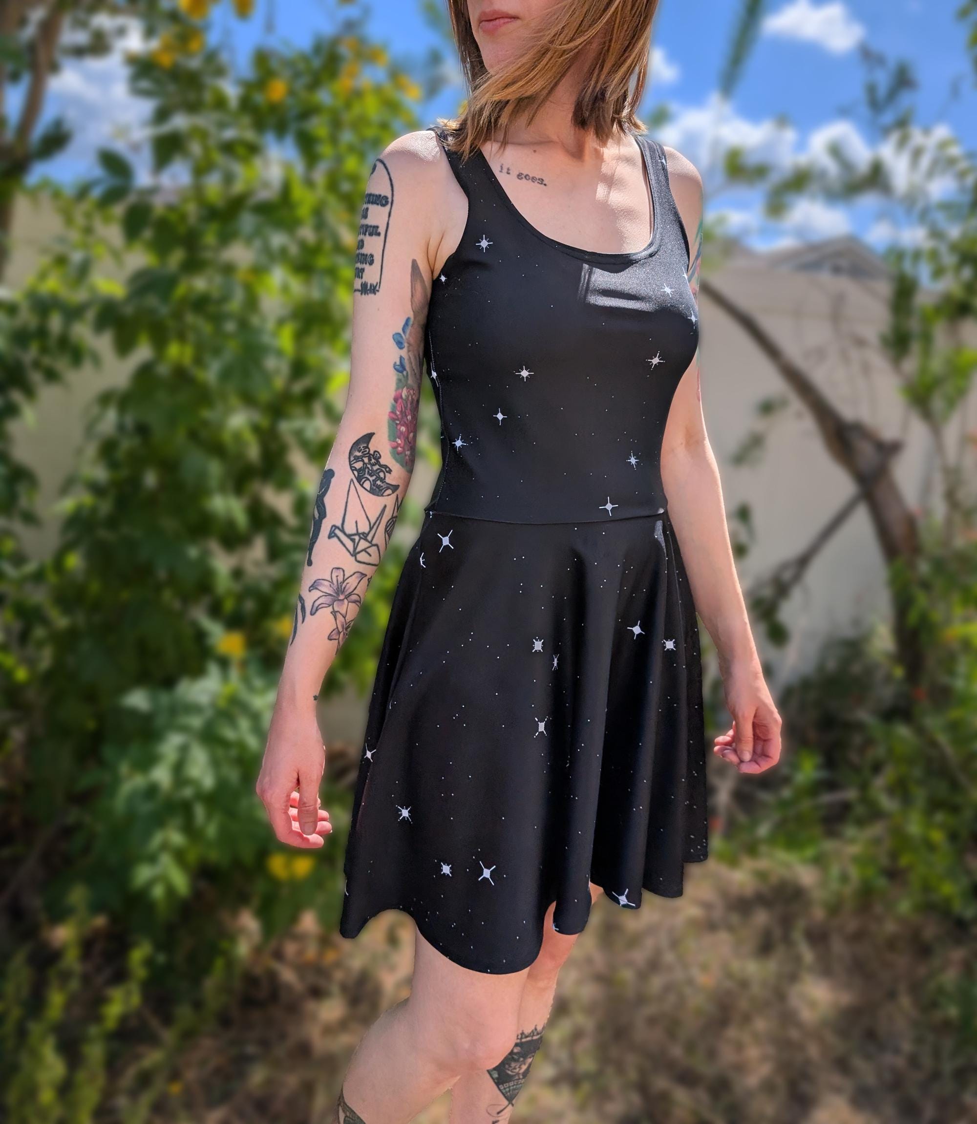 cream and blue dress starfield Pixel Stars Skater | Sleeveless Retro Galaxy Universe Occult Astrology Vintage Astronomy a becoming structured bust Occasion: Tailgate Gray and Black Mini Color:Bubble Pink