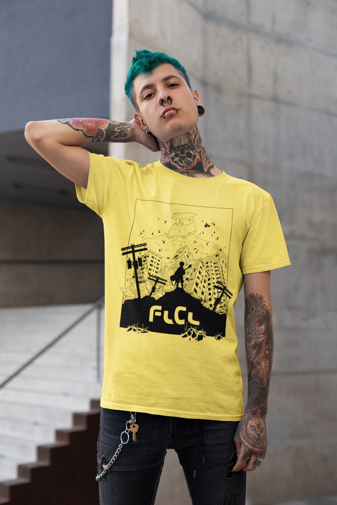 90s フリクリ Fooly Cooly Tシャツ XLサイズ イエロー