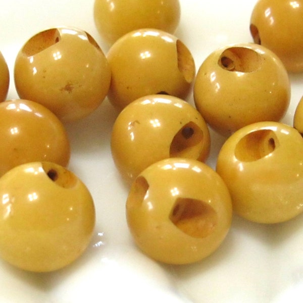 Vintage / Antique Yellow Bakelite Round Ball Orb Button Lot / Beads - Set of Lucky Number 13 Buttons - Mustard or Creamed Corn Yellow Color