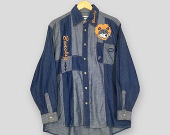 Vintage Bonskip Patchwork Denim Shirt Large 90s Bonskip Lion Embroidered Logo Shirt American Style Denim Blue Jeans Buttons Up Shirt Size M