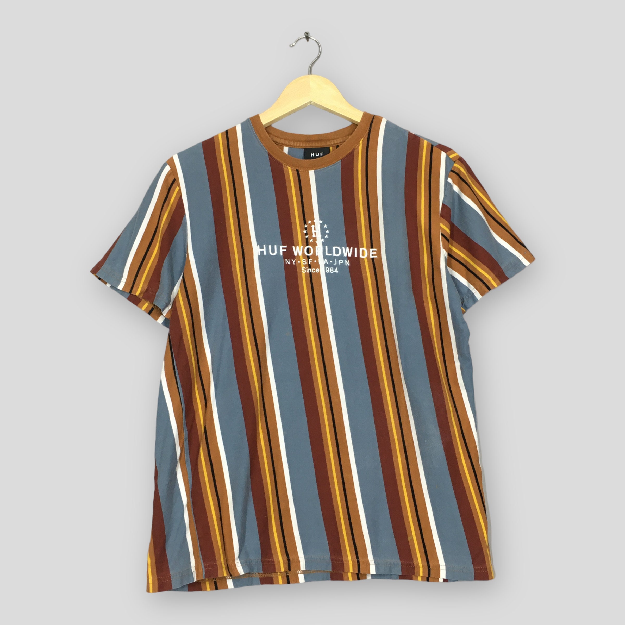 Vintage Huf Worldwide Vertical Striped T Shirt Medium Huf Worldwide Embroidery Spell Out Crewneck Huf Triple Triangle Streetwear Tees Size M