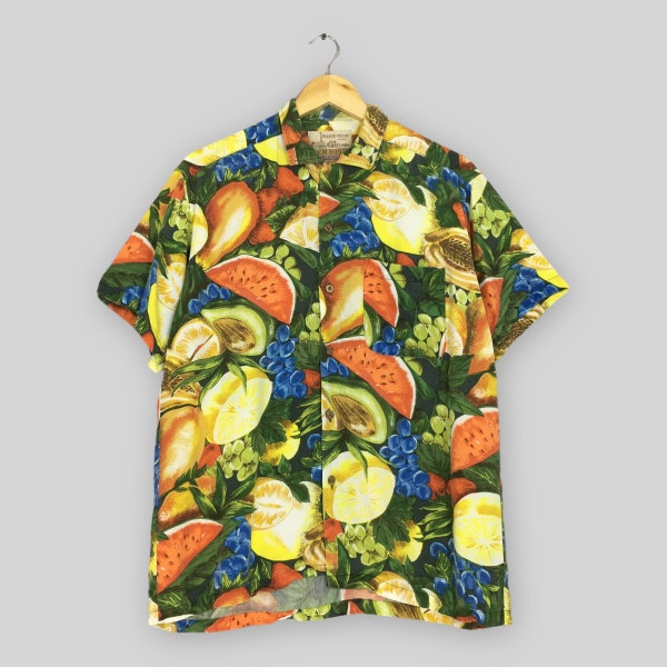 Vintage 90s Fruit Tropical Pop Art Hawaiian Rayon Shirt Medium Aloha Tropical Floral Shirt Avant Garde Beach Surf Cotton Button Up Size M