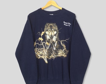 Vintage 90s Wolf Wild Animal Blue Sweatshirt Large Wolf Wildlife Printed Crewneck Timber Wolf Warrior Sweater Animal Habitat Jumper Size L