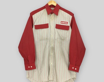 Vintage des années 90 Eneos Japan Oil Gas Station uniforme travailleurs chemise moyenne Eneos Oil Workwear chemise Eneos Oxfords chemise boutonnée rayée taille M