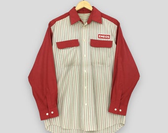 Vintage des années 90 Eneos Japan Oil Gas Station uniforme travailleurs chemise moyenne Eneos Oil Workwear chemise Eneos Oxfords chemise boutonnée rayée taille M
