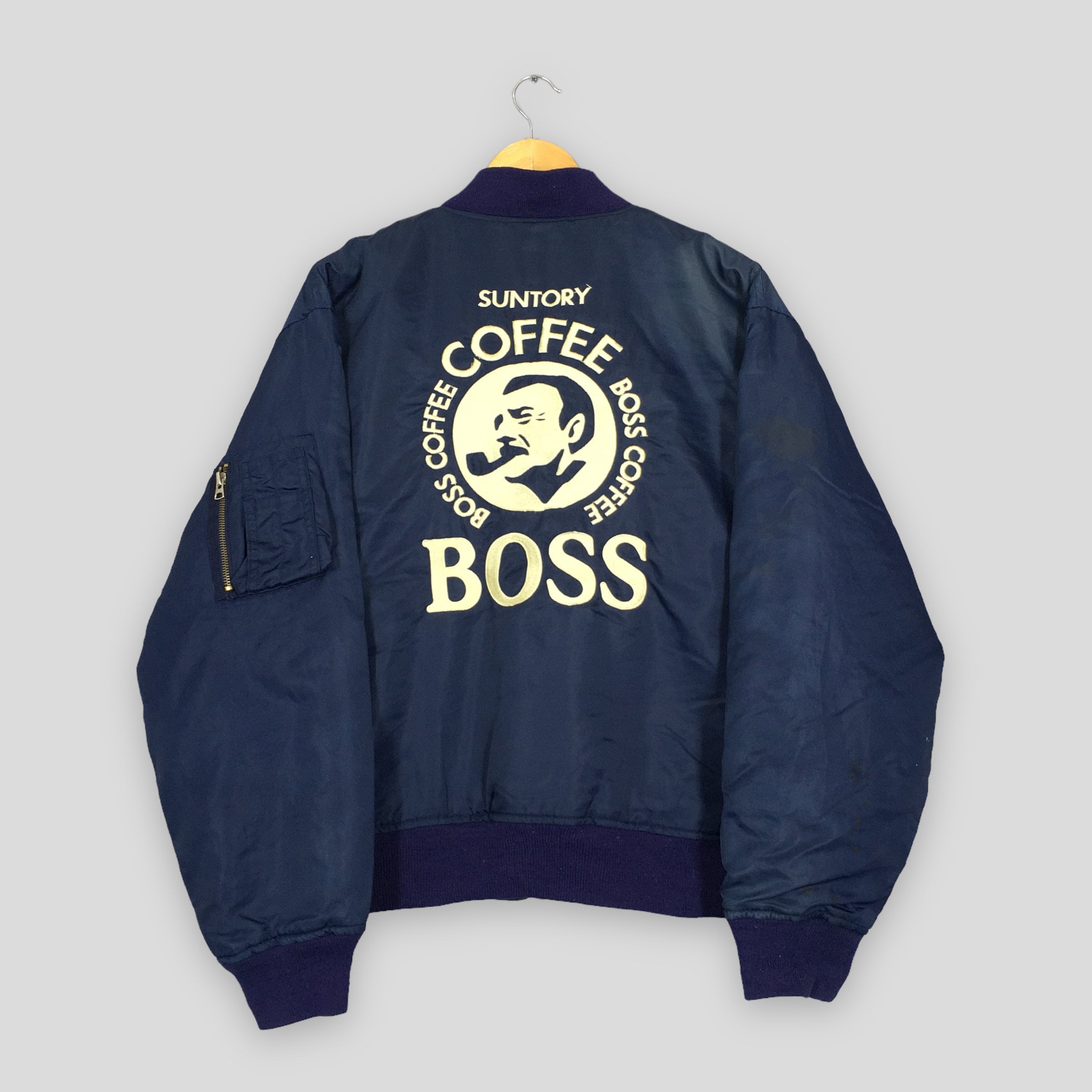 Vintage 90s Suntory Boss Coffee MA-1 Jacket Large Suntory Boss Coffee Japan Embroidery Logo Bomber Suntory Boss Blue MA-1 Jacket Size L