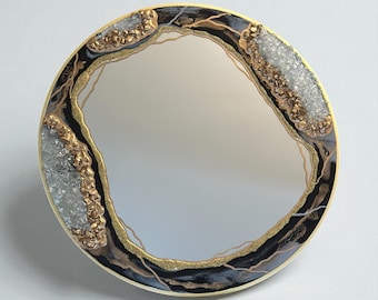 Black and Gold Resin Art Mirror, Custom Handmade Home Decor, Bathroom mirror