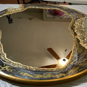Black and gold resin mirror, super gorgeous 20” resin mirror, Custom home decor, resin art mirror,
