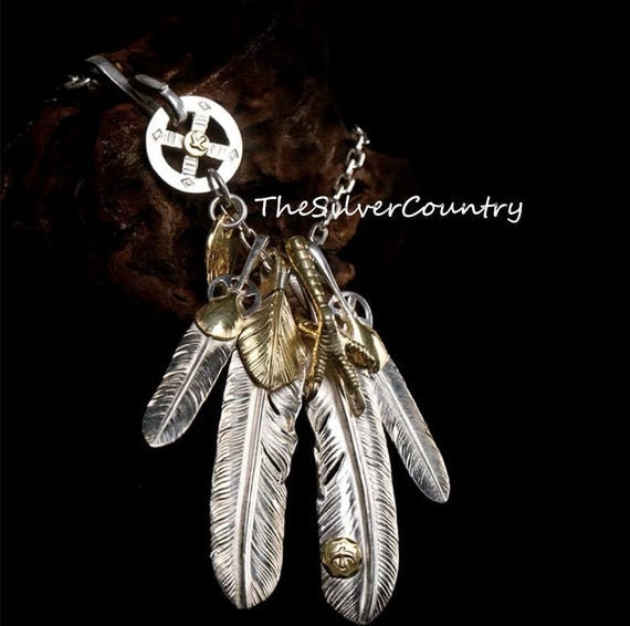 Tribal Necklace 4 Feather Pendants | 925 Sterling Silver Feather 