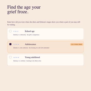 Peut inclure: Un exercice num&eacute;rique intitul&eacute; A Neuroscience-Based Exercise: Find the age your grief froze. Il liste des &eacute;tapes de d&eacute;veloppement comme School age, Adolescence et Young adulthood avec des cases &agrave; cocher, des descriptions de conflits et une &eacute;tiquette You were here.