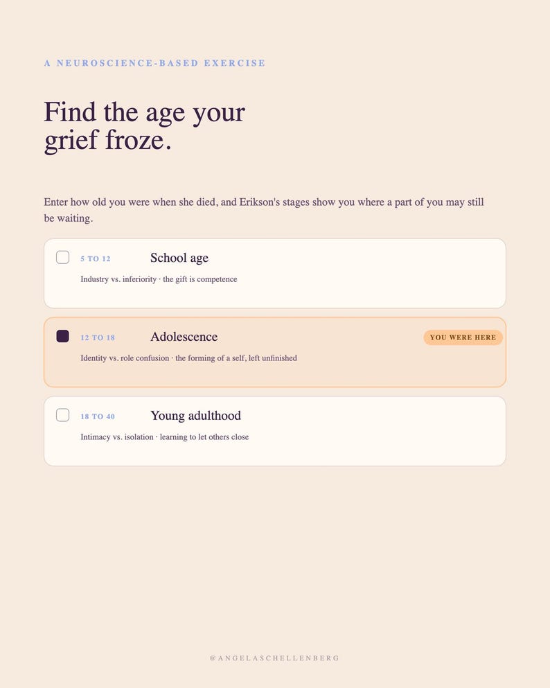 Peut inclure: Un exercice num&eacute;rique intitul&eacute; A Neuroscience-Based Exercise: Find the age your grief froze. Il liste des &eacute;tapes de d&eacute;veloppement comme School age, Adolescence et Young adulthood avec des cases &agrave; cocher, des descriptions de conflits et une &eacute;tiquette You were here.