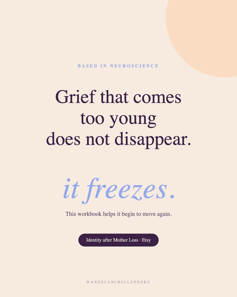 Peut inclure: Un graphique beige avec du texte violet fonc&eacute; : BASED IN NEUROSCIENCE, Grief that comes too young does not disappear. it freezes. This workbook helps it begin to move again. Identity after Mother Loss &middot; Etsy @ANGELASCHELLENBERG