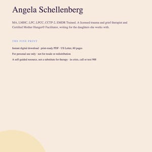 Peut inclure: Un document intitul&eacute; ABOUT THE AUTHOR pr&eacute;sentant Angela Schellenberg, th&eacute;rapeute agr&eacute;&eacute;e en traumatologie et deuil. Le texte inclut ses titres professionnels, une description de la ressource PDF de 60 pages et un avertissement sur le soutien en cas de crise.