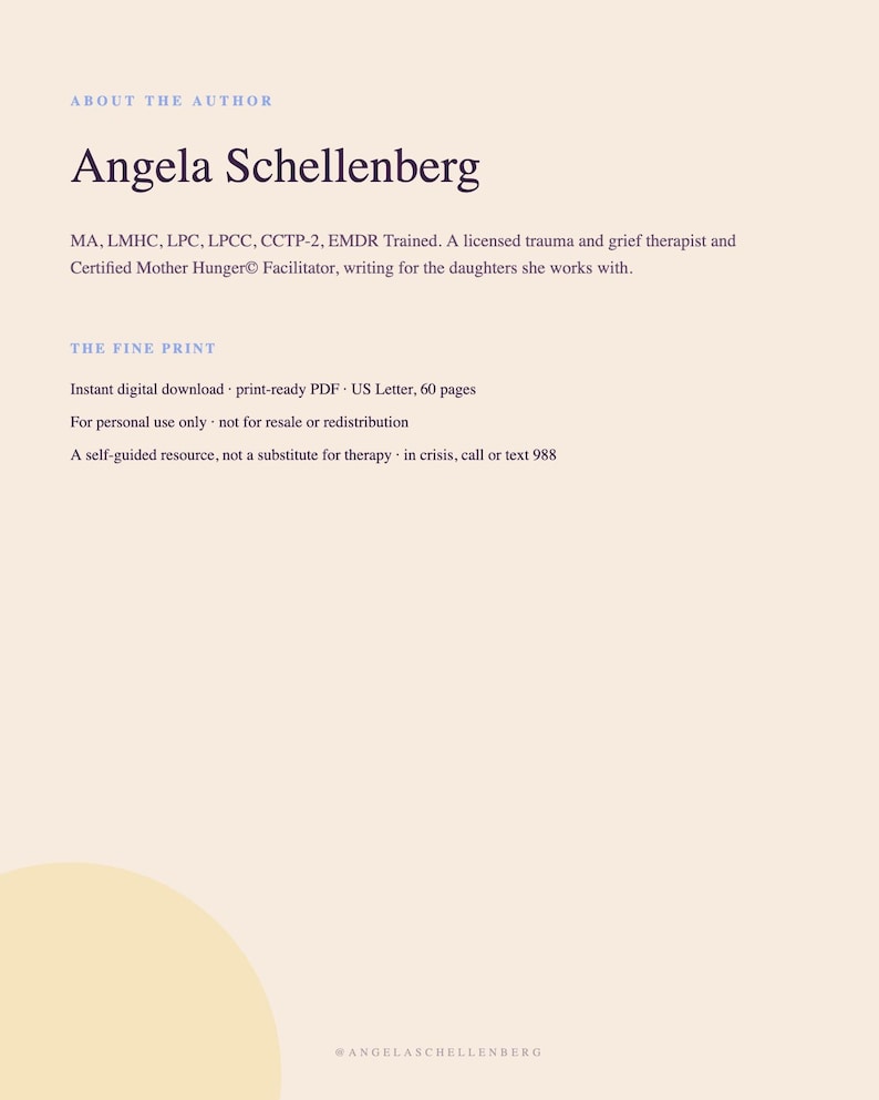 Peut inclure: Un document intitul&eacute; ABOUT THE AUTHOR pr&eacute;sentant Angela Schellenberg, th&eacute;rapeute agr&eacute;&eacute;e en traumatologie et deuil. Le texte inclut ses titres professionnels, une description de la ressource PDF de 60 pages et un avertissement sur le soutien en cas de crise.