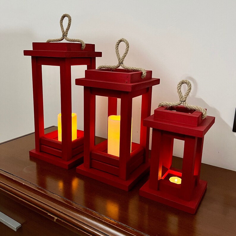 Set of Three Lanterns Rustic Wood Lanterns Red Home Etsy