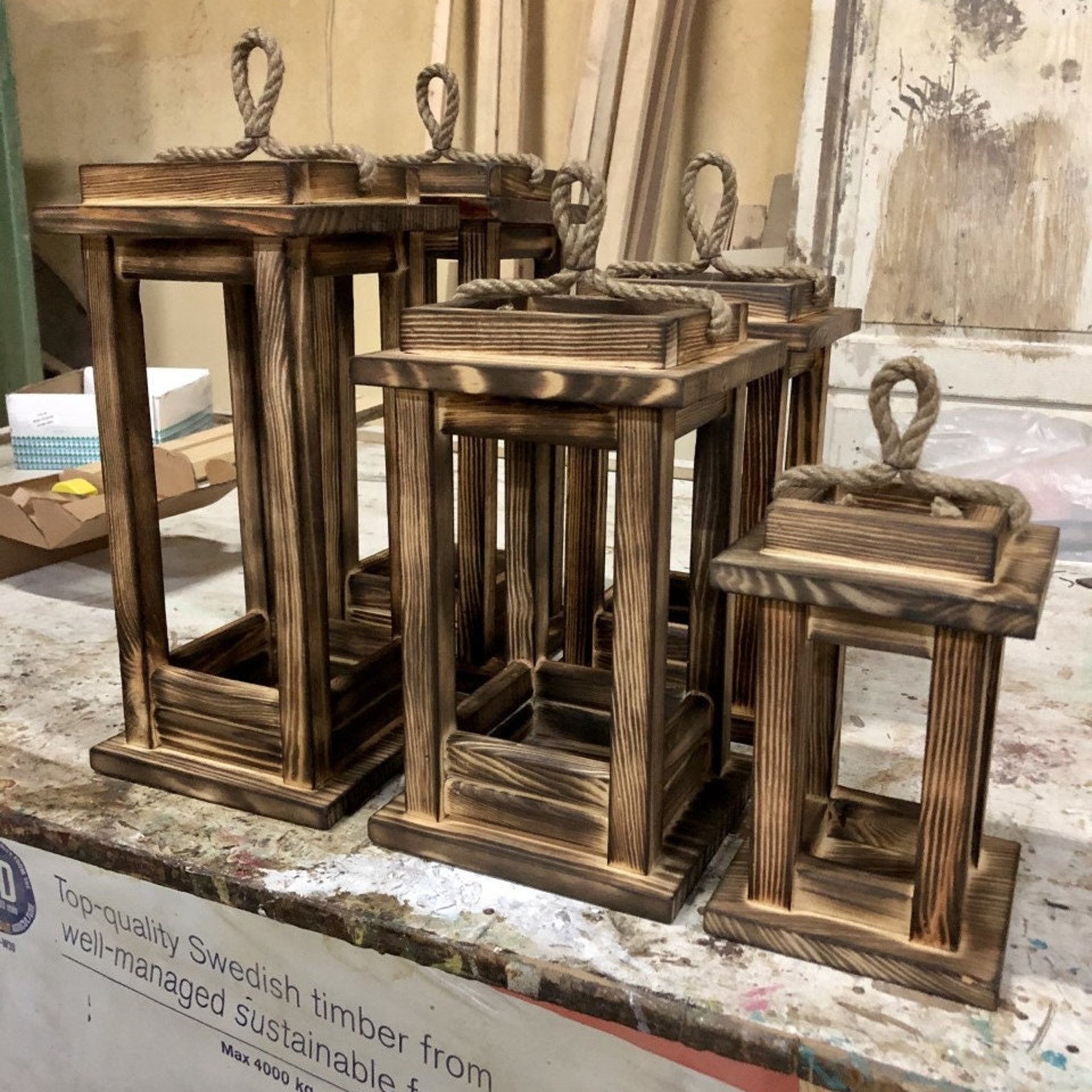 Set of Three Lanterns Rustic Wood Lanterns Wood Burning Etsy