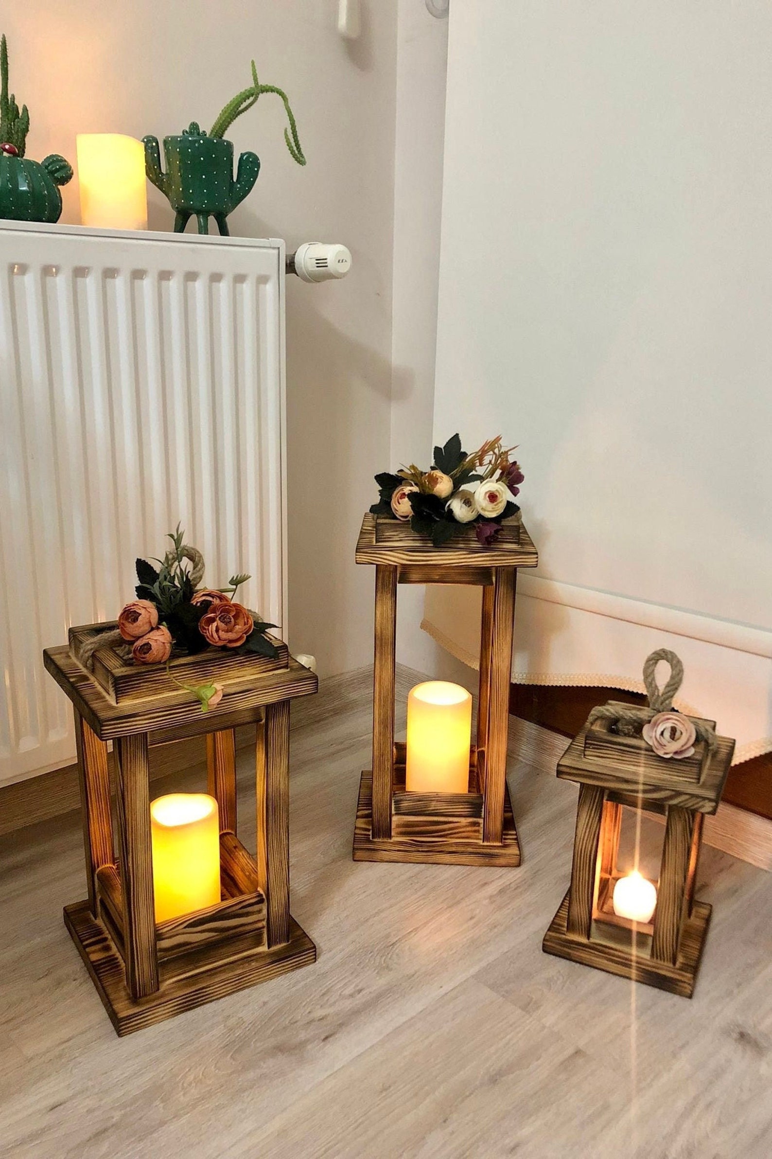 Set of Three Lanterns Rustic Wood Lanterns Wood Burning Etsy