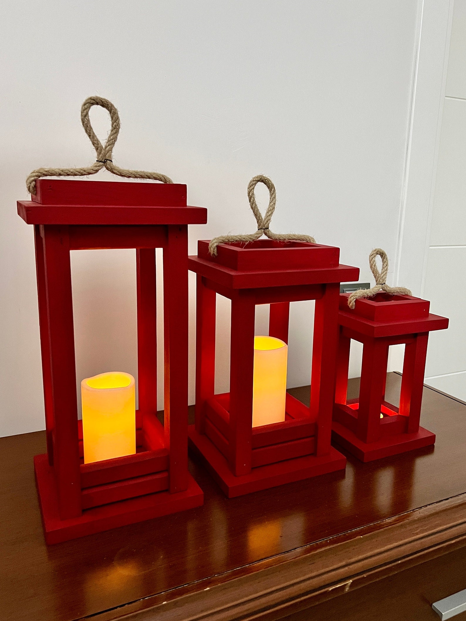 Set of Three Lanterns Rustic Wood Lanterns Red Home Etsy