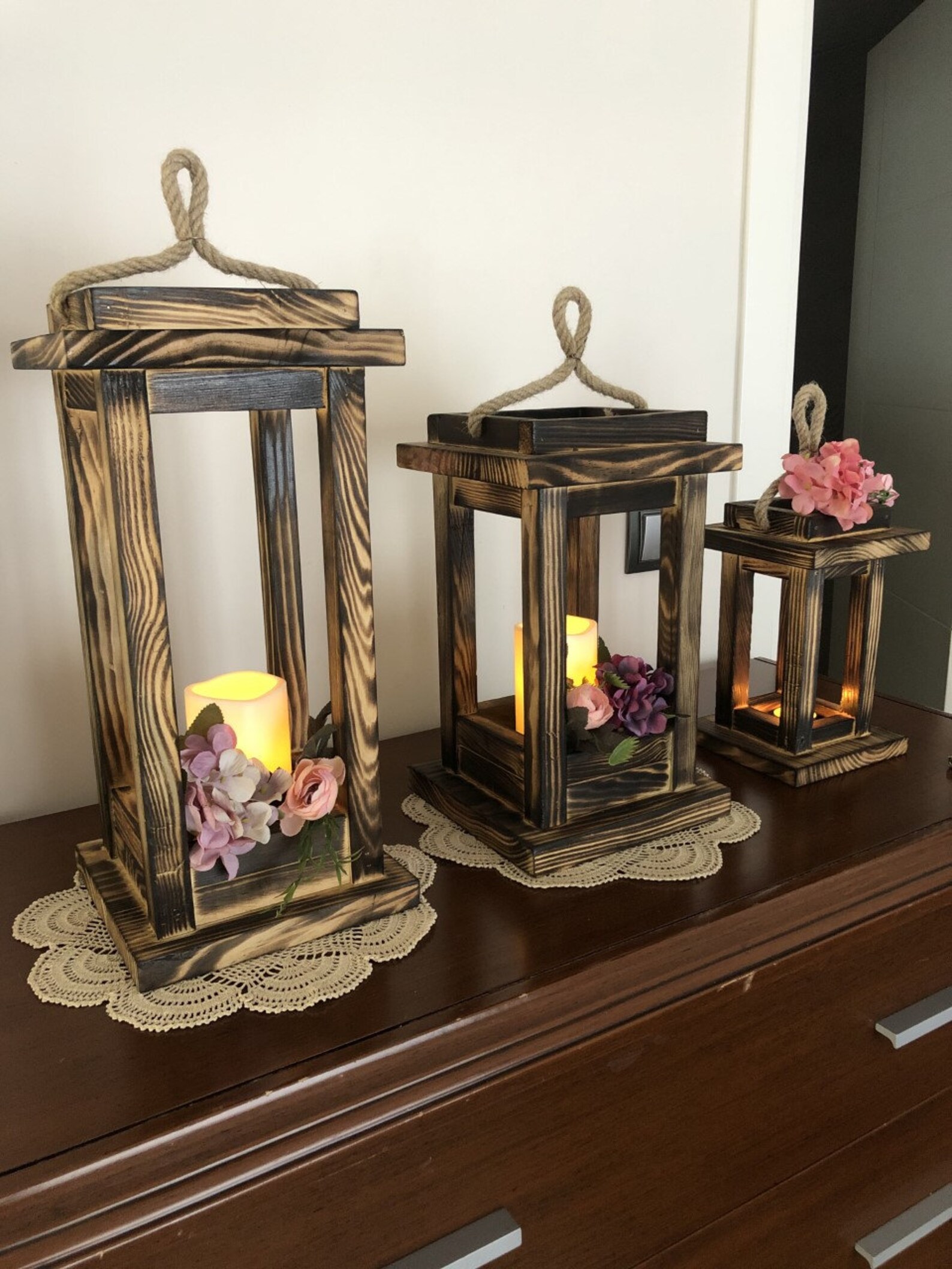 Set of Three Lanterns Rustic Wood Lanterns Wood Burning Etsy