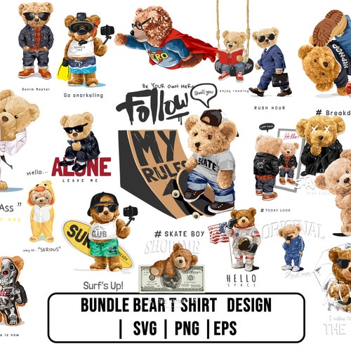 Teddy Bear T-Shirt Designs Bundle, Streetwear PNG, SVG, EPS