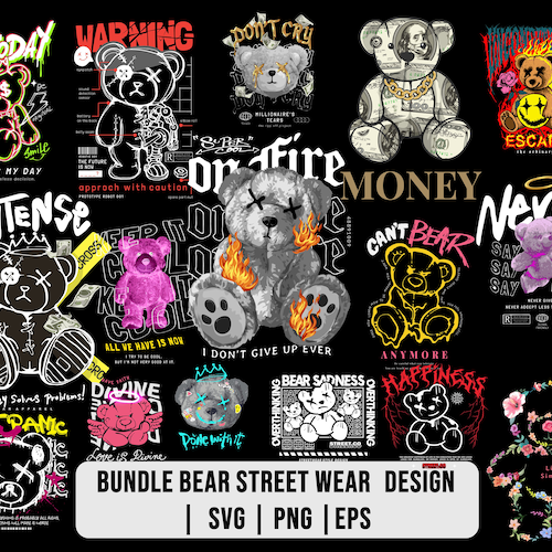 Bear Streetwear T-Shirt Designs Bundle (PNG, EPS, SVG)